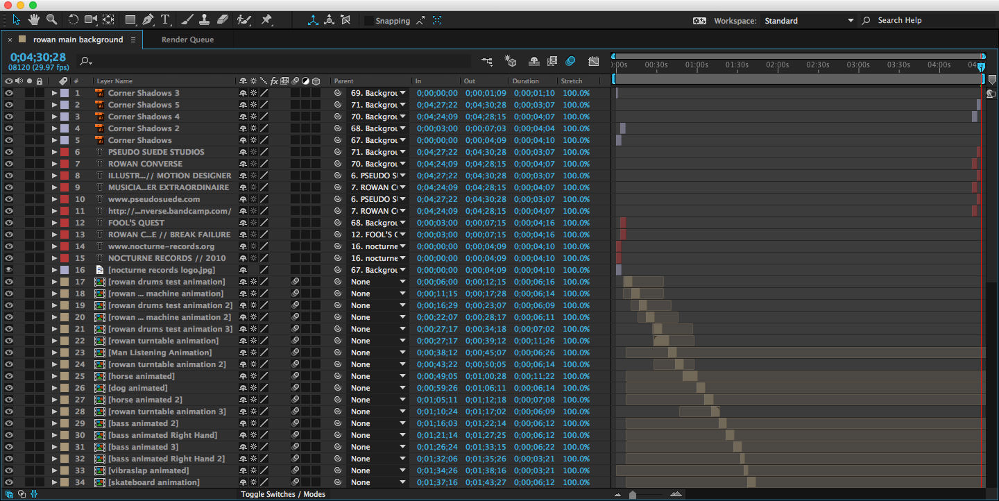 An screen capture of the After Effects project keyframes used to create the animation.