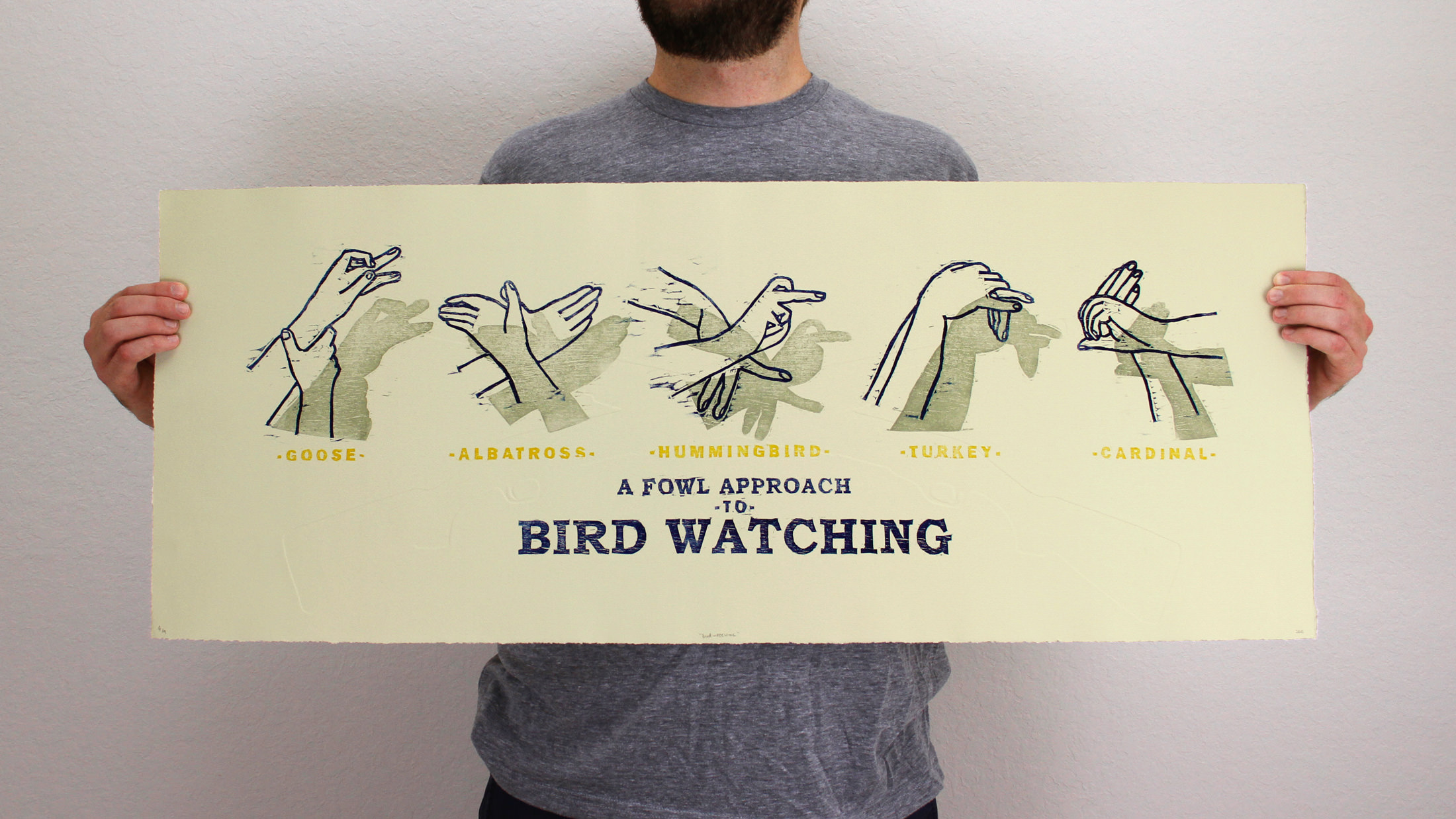A closeup of the Fowl Approach to Bird Watching print.