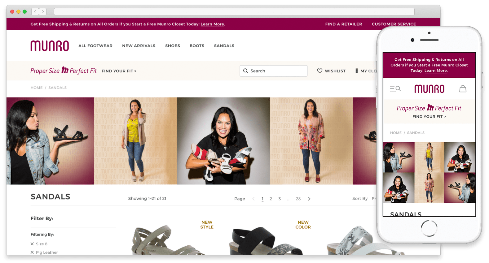 A mockup of the Munro Shoes website on desktop and mobile sizes.