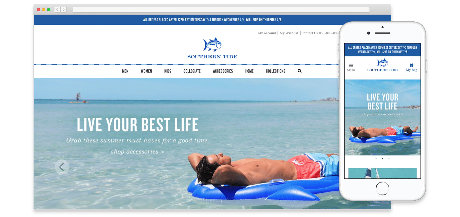 A mockup of the Southern Tide website on desktop and mobile sizes.
