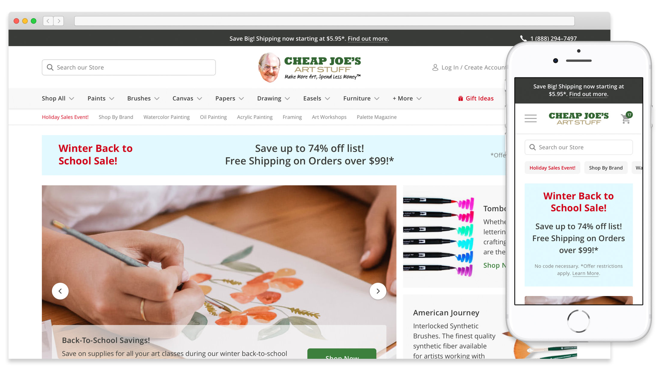 A mockup of the Cheap Joe's Art Stuff website on desktop and mobile sizes.