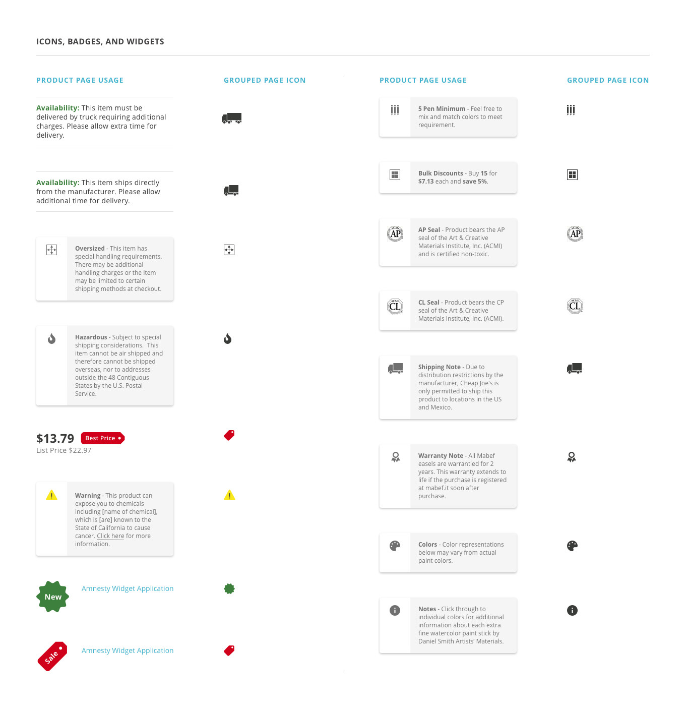 Icon system developed for the collection and product pages.