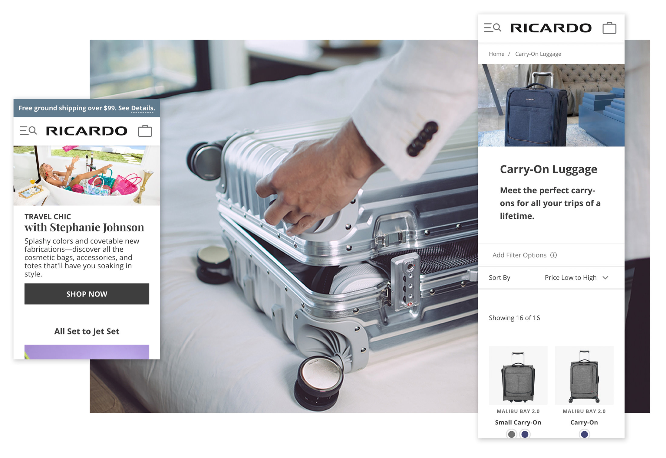 Mobile Screenshots of the Home and Collection pages over a brand lifestyle image.