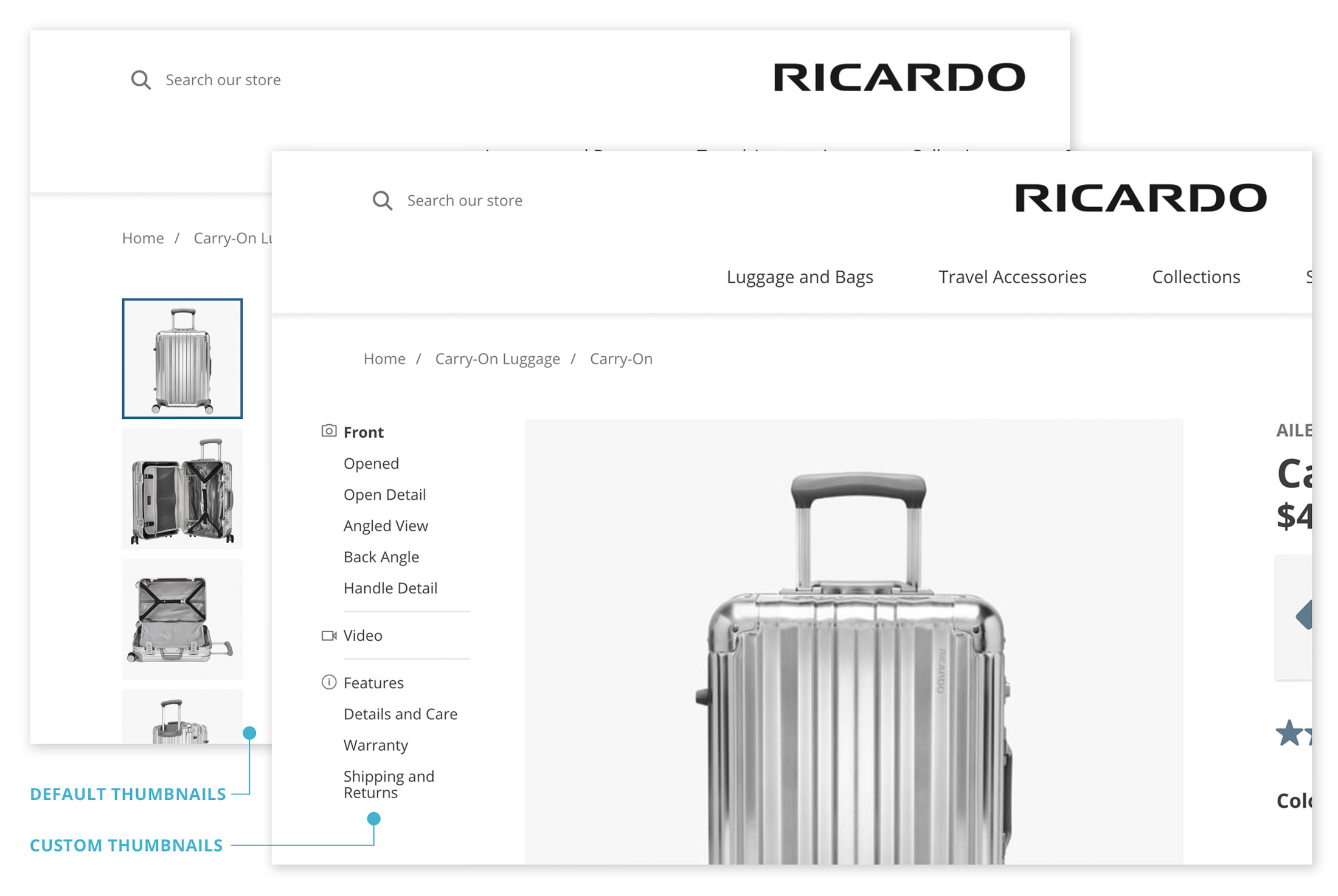 Side-by-side example of the default Shopify thumbnails are our custom descriptive thumbnails.